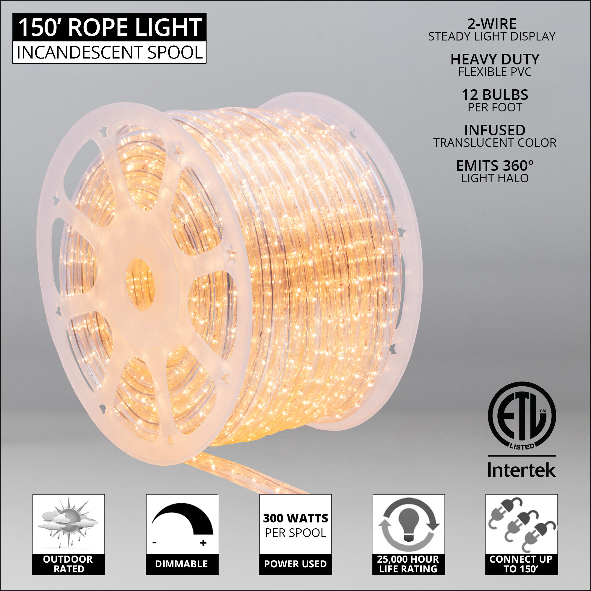 150 Clear Rope Light 2 Wire 1 2