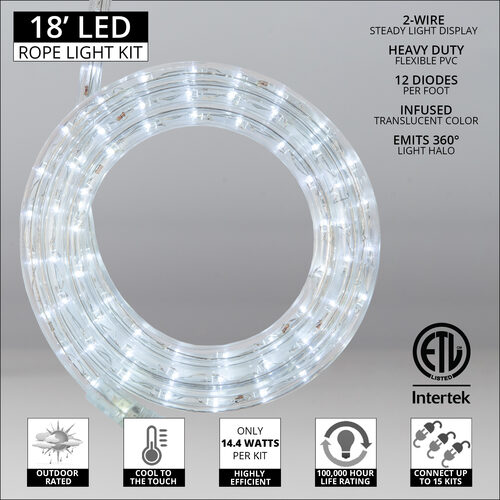 18' Cool White LED Rope Light, 2 Wire 1/2", 120 Volt Yard Envy