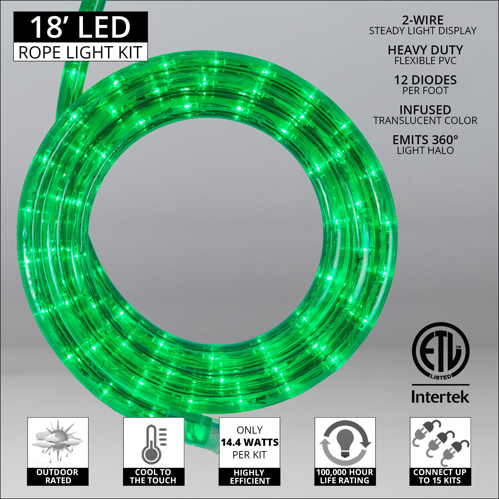 18 Green LED Rope Light 2 Wire 1 2