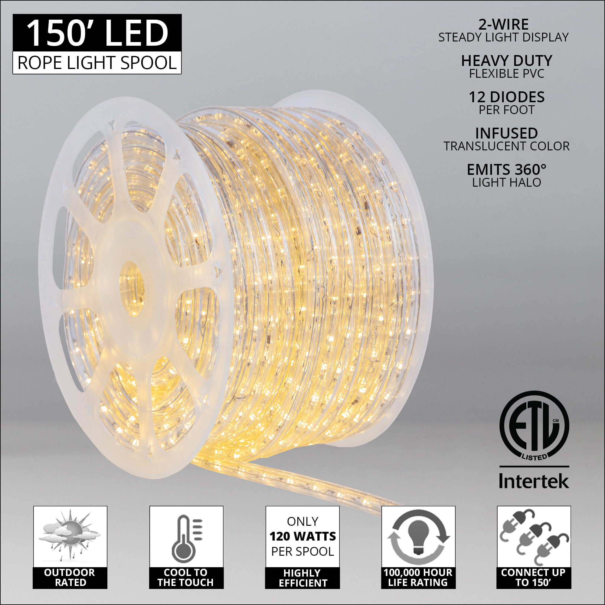 150 Warm White LED Rope Light 2 Wire 1 2