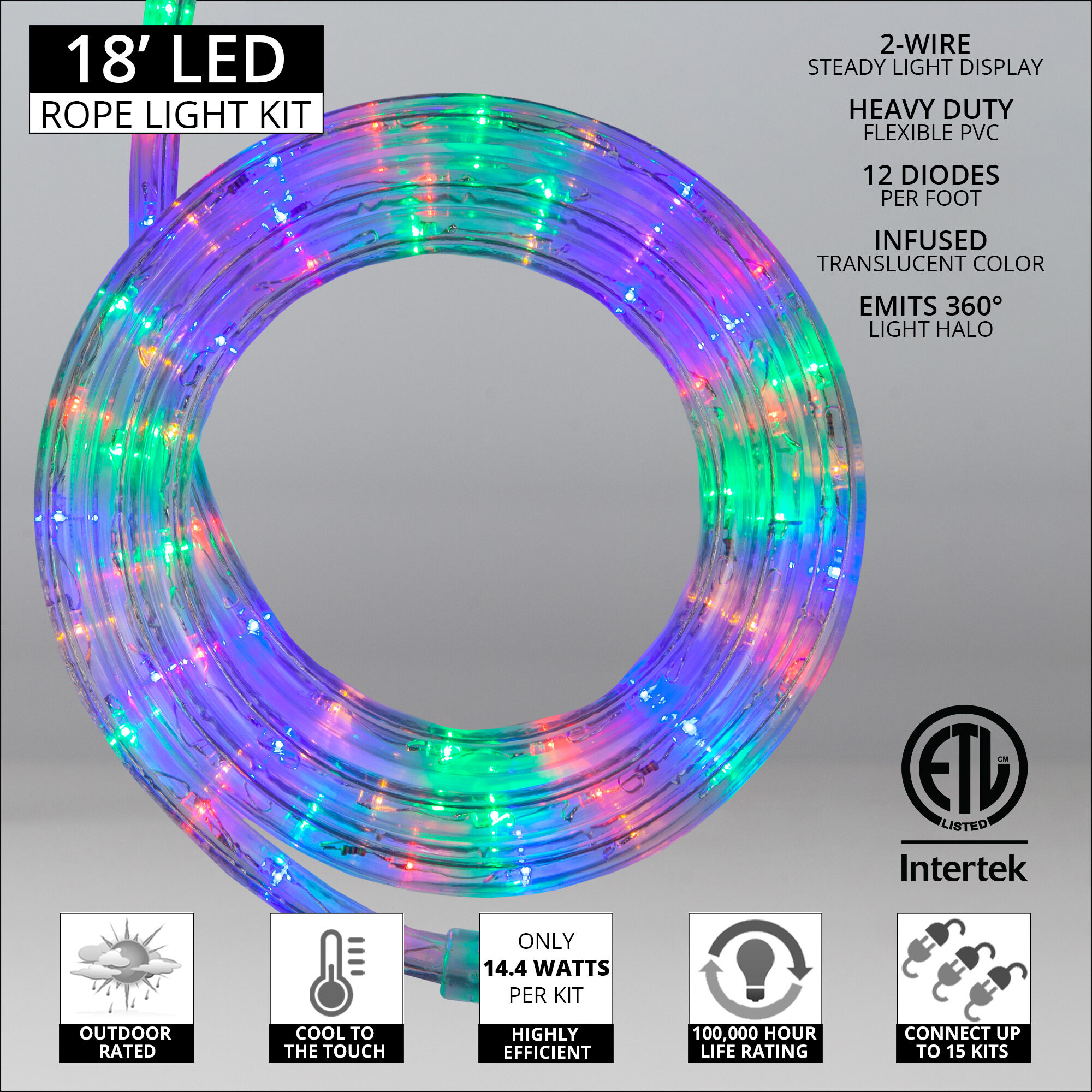 18 Multi Red Blue Green Yellow LED Rope Light 2 Wire 1 2