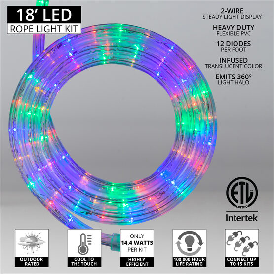 volatilitet Perle Lim 18' Multi: Red, Blue, Green, Yellow LED Rope Light, 2 Wire 1/2", 120 Volt -  Yard Envy
