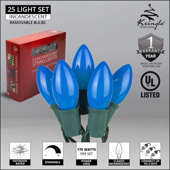 C9 Commercial String Lights, Opaque Blue Bulbs