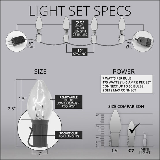 C7 Commercial String Lights, Twinkle Clear Bulbs