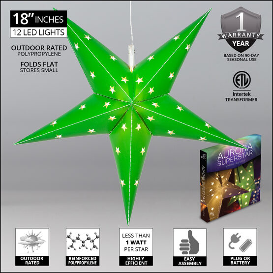 18" Green Aurora Superstar TM 5 Point Star Lantern, Fold-Flat, LED Lights 