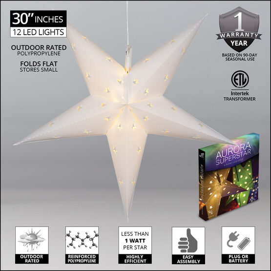 30" White Aurora Superstar TM 5 Point Star Lantern, Fold-Flat, LED Lights 