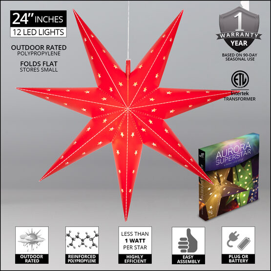 24" Red Aurora Superstar TM 7 Point Star Lantern, Fold-Flat, LED Lights 