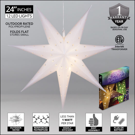 24" White Aurora Superstar TM 7 Point Star Lantern, Fold-Flat, LED Lights 