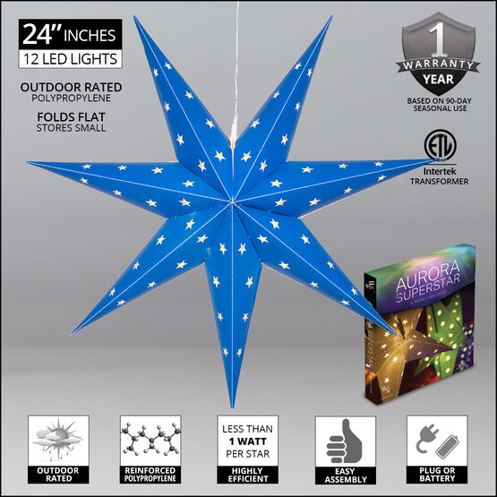 24" Blue Aurora Superstar TM 7 Point Star Lantern, Fold-Flat, LED Lights 