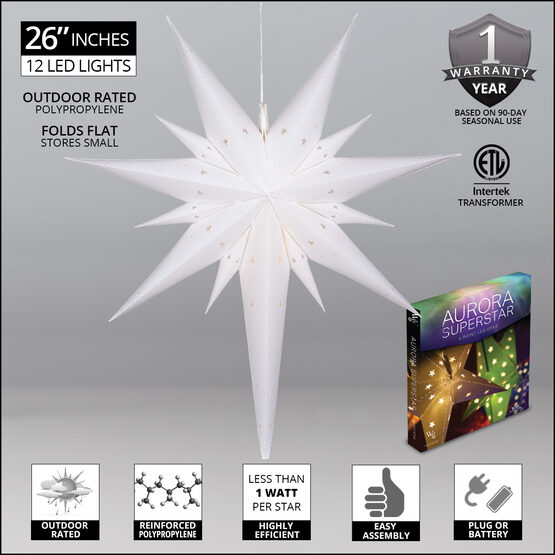 26" White Aurora Superstar TM Bethlehem Star Lantern, Fold-Flat, LED Lights 