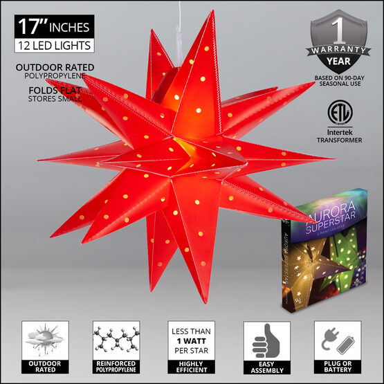 17" Red Aurora Superstar TM Moravian Star Lantern, Fold-Flat, LED Lights 