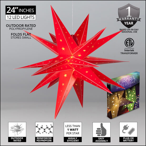 24" Red Aurora Superstar TM Moravian Star Lantern, Fold-Flat, LED Lights 