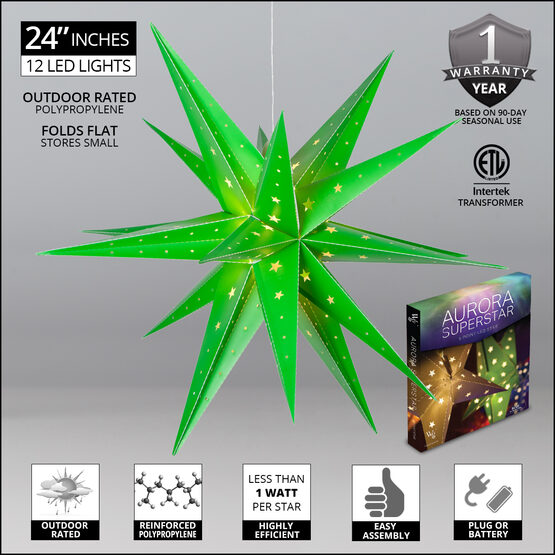 24" Green Aurora Superstar TM Folding Star Lantern, Fold-Flat, LED Lights 