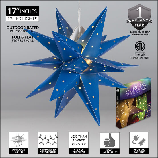 17" Blue Aurora Superstar TM Moravian Star Lantern, Fold-Flat, LED Lights 