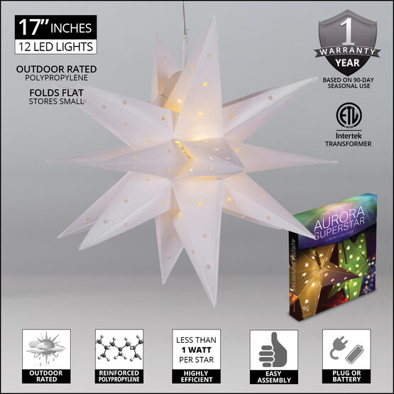 17" White Aurora Superstar TM Moravian Star Lantern, Fold-Flat, LED Lights 