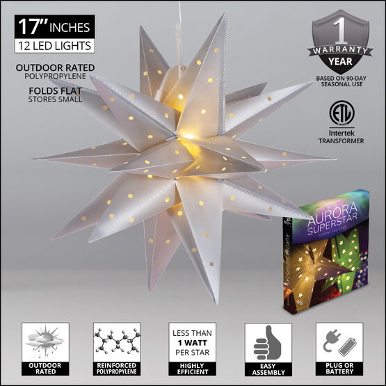 17" Silver Aurora Superstar TM Folding Star Lantern, Fold-Flat, LED Lights 