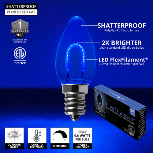 C7 Shatterproof FlexFilament Vintage LED Light Bulb, Blue, E12 Base