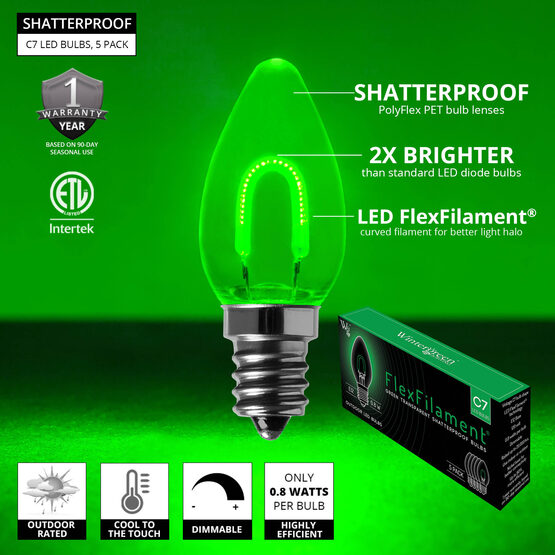 C7 Shatterproof FlexFilament Vintage LED Light Bulb, Green, E12 Base