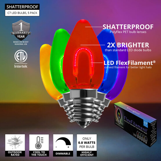C7 Shatterproof FlexFilament Vintage LED Light Bulb, Multicolor
