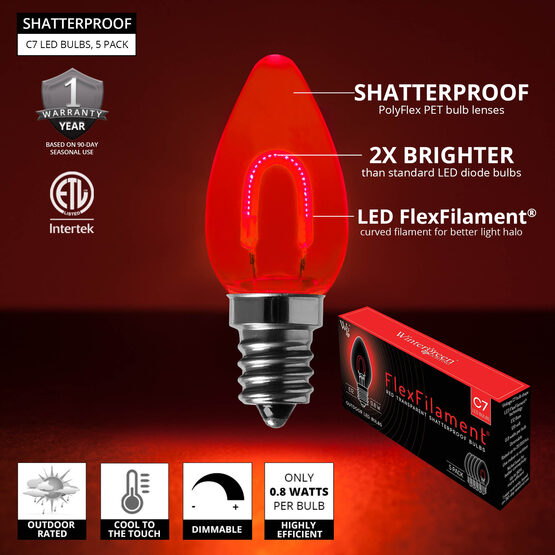 C7 Shatterproof FlexFilament Vintage LED Light Bulb, Red