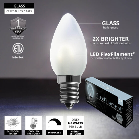 C7 FlexFilament Vintage LED Light Bulbs, Cool White, Satin Glass, E12 Base