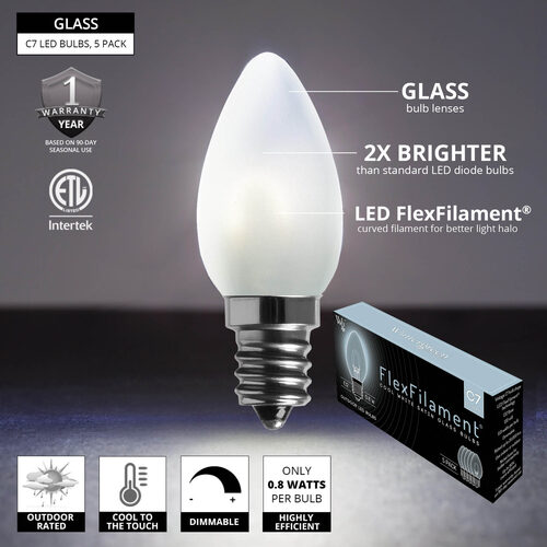 C7 FlexFilament Vintage LED Light Bulbs, Cool White, Satin Glass, E12 Base