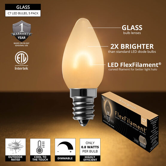 C7 FlexFilament Vintage LED Light Bulbs, Warm White, Satin Glass, E12 Base