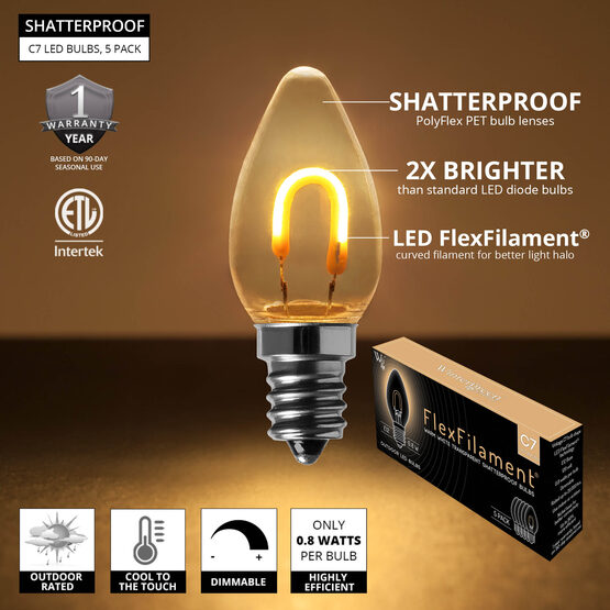 C7 Shatterproof FlexFilament Vintage LED Light Bulb, Warm White, E12 Base