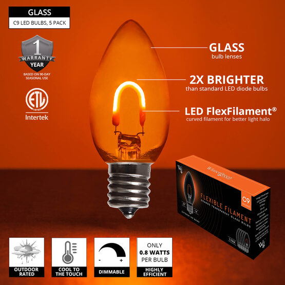 C9 FlexFilament TM Vintage LED Light Bulb, Amber / Orange Transparent Glass