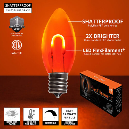 C9 Shatterproof FlexFilament Vintage LED Light Bulb, Amber / Orange, E17 Base