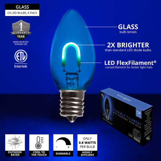 C9 FlexFilament TM Vintage LED Light Bulb, Blue Transparent Glass