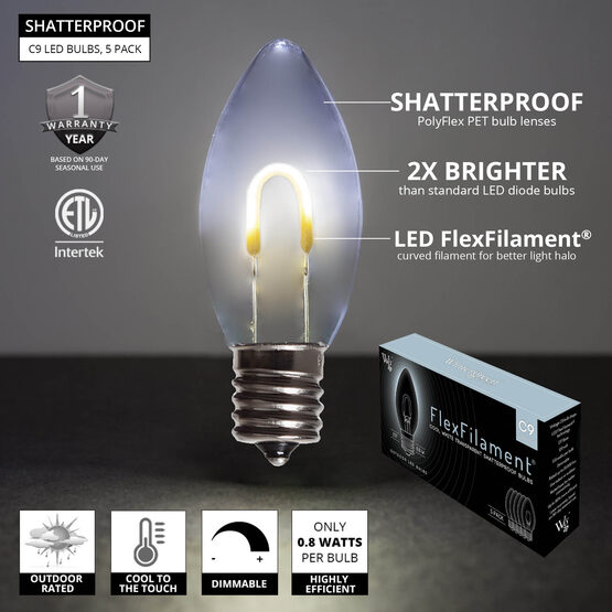 C9 Shatterproof FlexFilament Vintage LED Light Bulb, Cool White, E17 Base