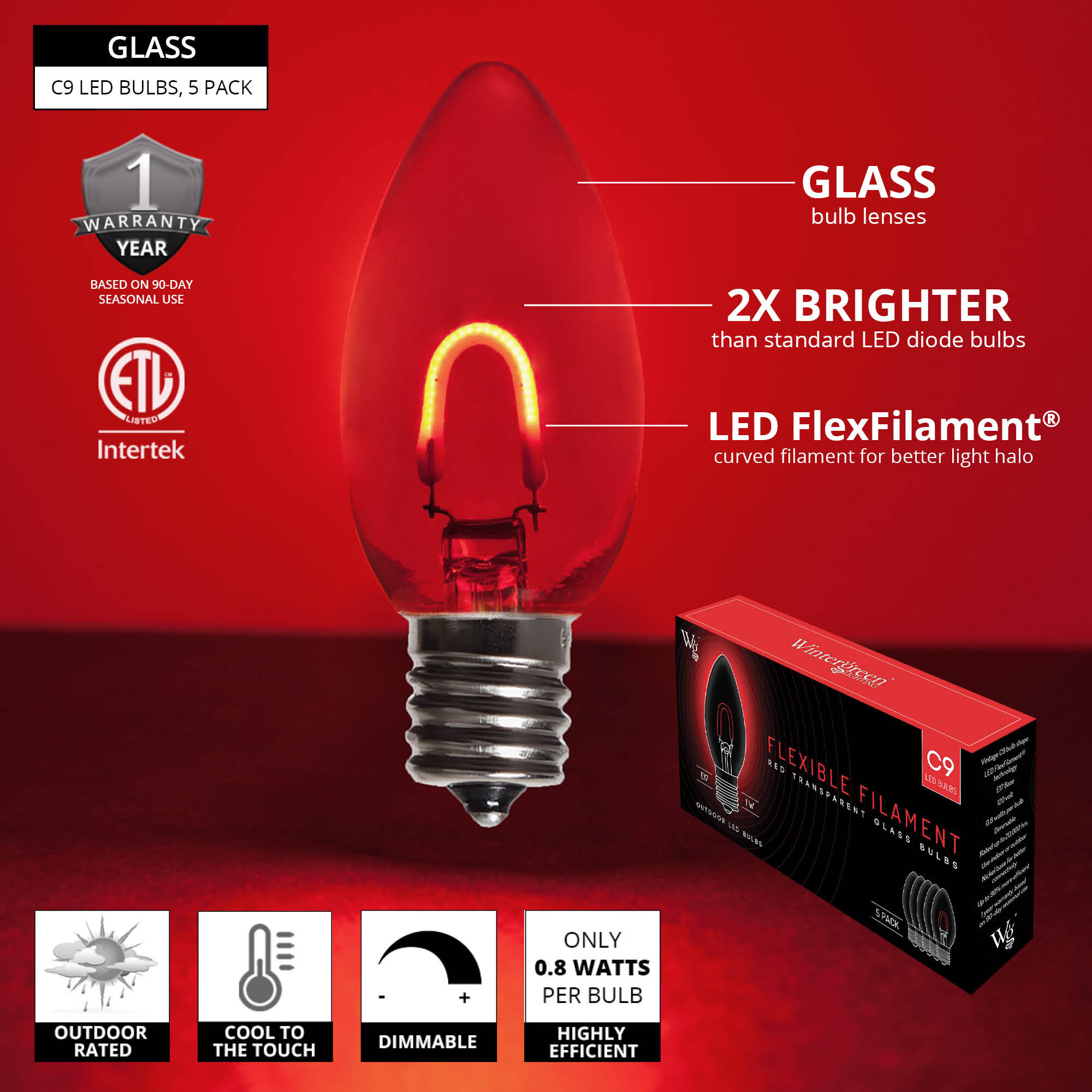 C9 FlexFilament TM Vintage LED Light Bulb Red Transparent Glass