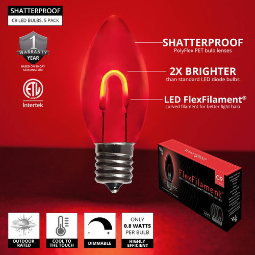 C9 Shatterproof FlexFilament Vintage LED Light Bulb, Red, E17 Base