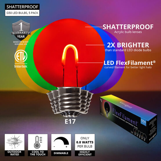 G50 FlexFilament TM Vintage LED Light Bulb, Multicolor Transparent Acrylic