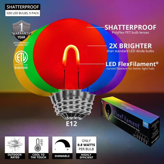 G50 Shatterproof FlexFilament TM Vintage LED Light Bulb, Multicolor, E12 Base