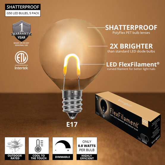 G50 Shatterproof FlexFilament TM Vintage LED Light Bulb, Warm White, E17 Base