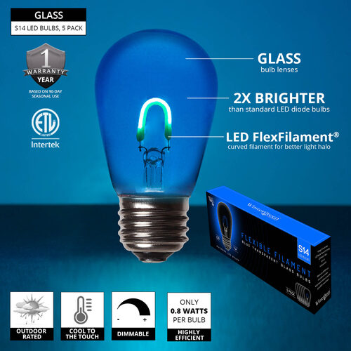 S14 120V FlexFilament TM Vintage LED Light Bulb, Blue Transparent Glass Medium Base