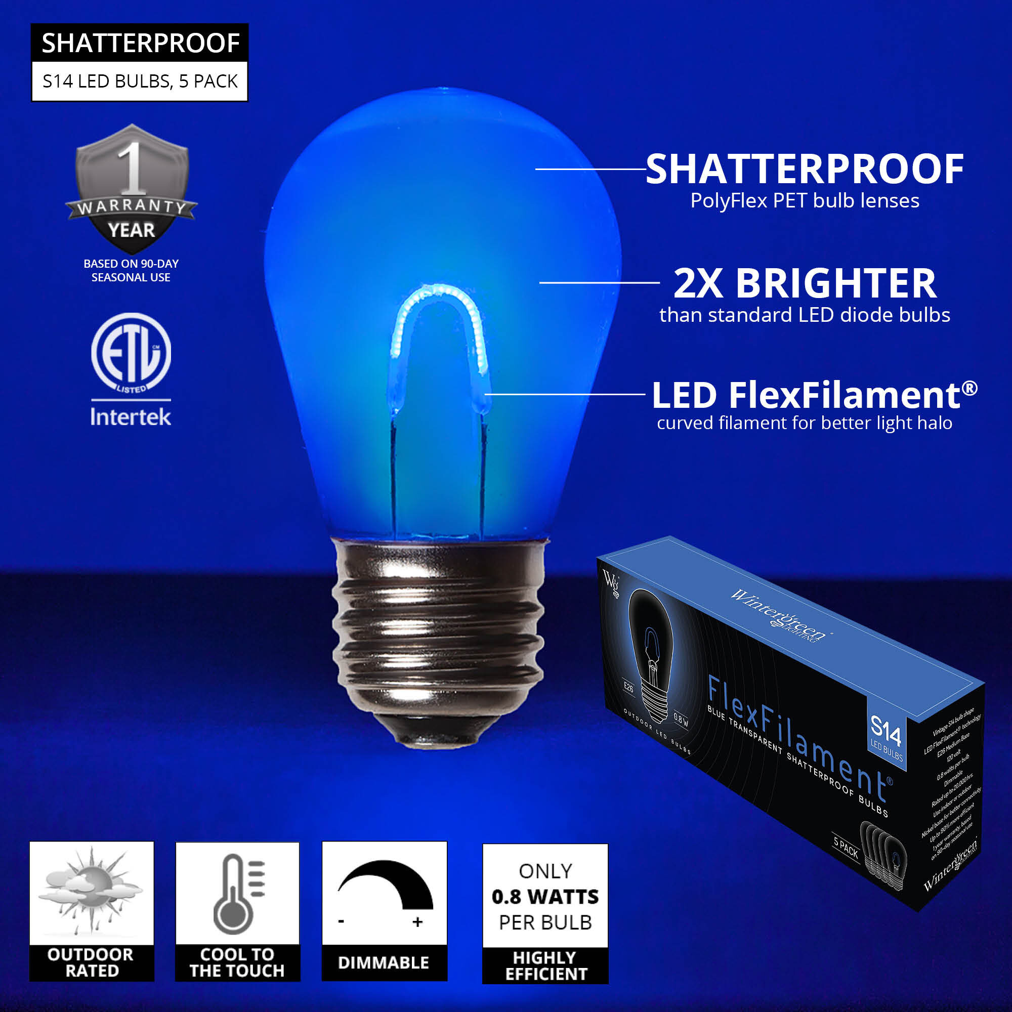 S14 Shatterproof FlexFilament Vintage LED Light Bulb, Blue