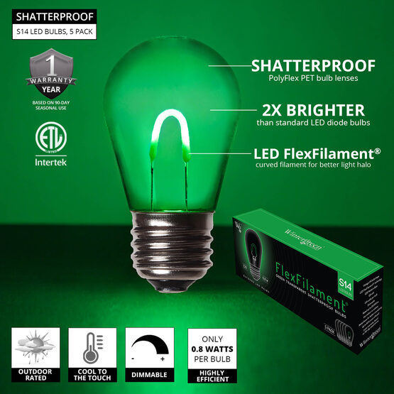 S14 Shatterproof FlexFilament Vintage LED Light Bulb, Green