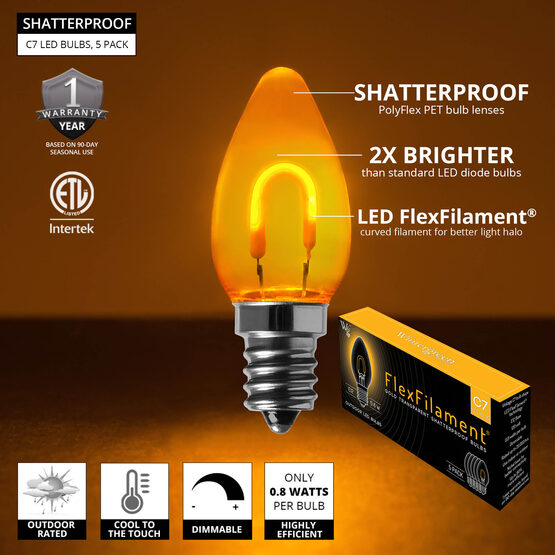 C7 Shatterproof FlexFilament Vintage LED Light Bulb, Gold