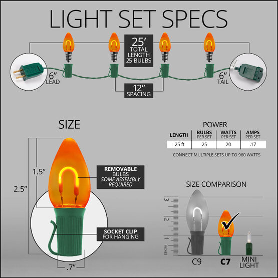 FlexFilament C7 Commercial Shatterproof Vintage LED String Lights, Amber, 25 Lights, 25'