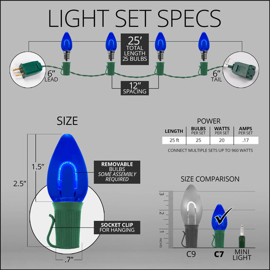 FlexFilament C7 Commercial Shatterproof Vintage LED String Lights, Blue, 25 Lights, 25'