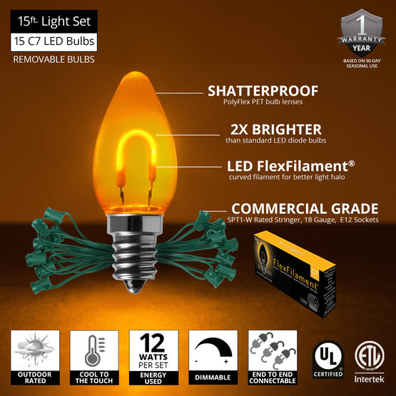FlexFilament C7 Commercial Shatterproof Vintage LED String Lights, Gold, 15 Lights, 15'