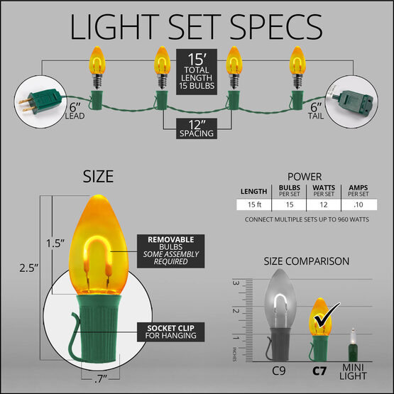 FlexFilament C7 Commercial Shatterproof Vintage LED String Lights, Gold, 15 Lights, 15'