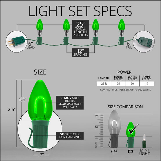 FlexFilament C7 Commercial Shatterproof Vintage LED String Lights, Green, 25 Lights, 25'