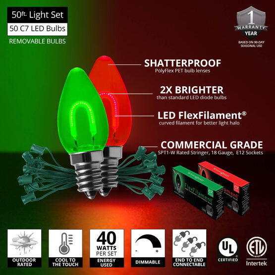 FlexFilament C7 Commercial Shatterproof Vintage LED String Lights, Green / Red, 50 Lights, 50'
