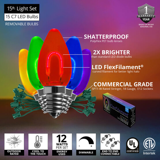 FlexFilament C7 Commercial Shatterproof Vintage LED String Lights, Multicolor, 15 Lights, 15'