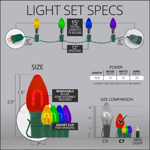 FlexFilament C7 Commercial Shatterproof Vintage LED String Lights, Multicolor, 15 Lights, 15'