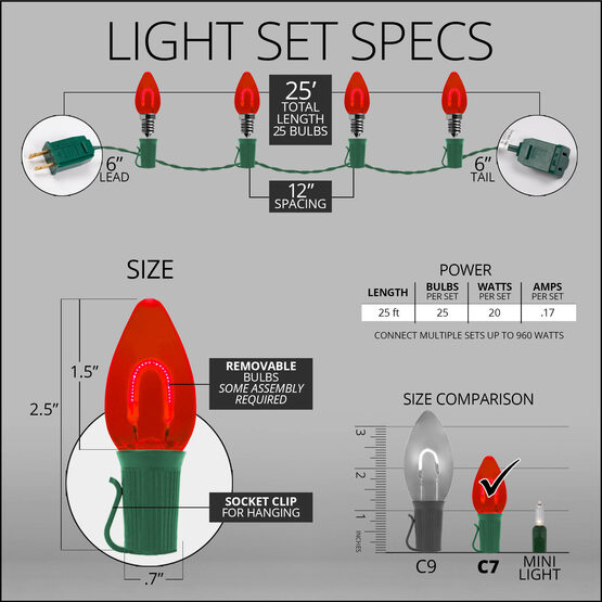 FlexFilament C7 Commercial Shatterproof Vintage LED String Lights, Red, 25 Lights, 25'